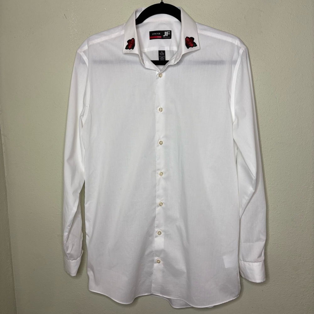 jf j.ferrar White Long-Sleeve Dress Shirt with Rose Collar Embroidery